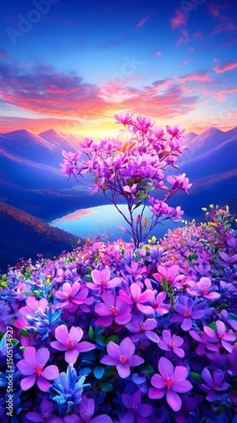 Fototapeta Vibrant pink blossoms carpet a mountaintop overlooking a serene lake at sunset, majestic peaks silhouetted against a colorful sky