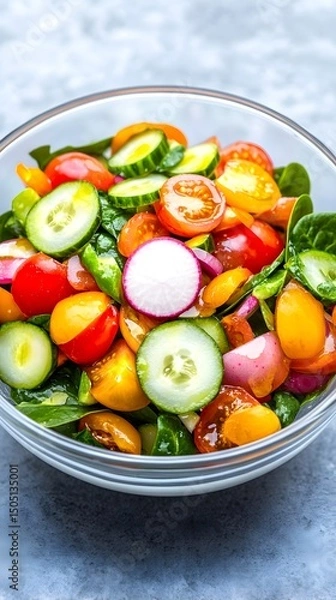 Fototapeta Vibrant salad of sliced cucumbers, cherry tomatoes, spinach, and radish in a clear bowl