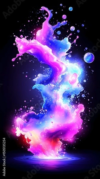Fototapeta Vibrant, swirling, neon-colored liquid splash against a dark background, illuminated from below, with glowing bubbles