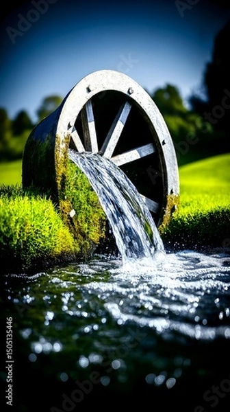 Fototapeta Water flows from a small, metallic wheel into a mossy pond, set against a vibrant green landscape under a partly cloudy sky