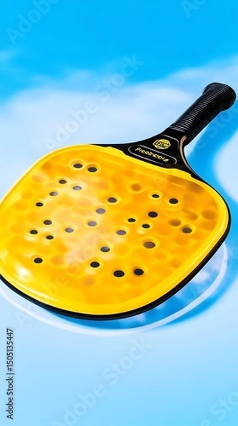Fototapeta Yellow and black paddle racket with numerous perforations, displayed against a light blue background