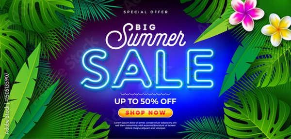 Fototapeta Summer Sale Design with Flower and Glowing Neon Light on Fluorescent Tropic Leaves Background. Tropical Floral Vector Illustration with Special Offer Typography for Coupon, Voucher, Banner, Flyer