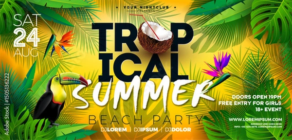 Fototapeta Summer Party Flyer Design with Flower, Tropical Palm Leaves and Toucan Bird on Yellow Background. Vector Summer Beach Celebration Design Template with Floral Elements, Plants and Typography Letter for