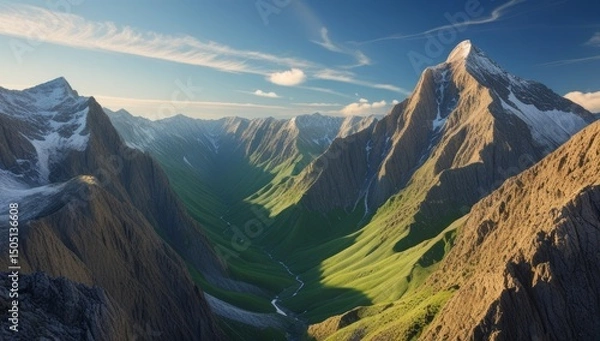 Fototapeta Majestic mountain range with snow-capped peaks and lush green valleys under a clear blue sky