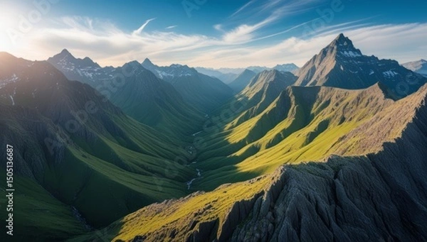 Fototapeta Picturesque mountain scenery with valley and blue sky creating a beautiful landscape