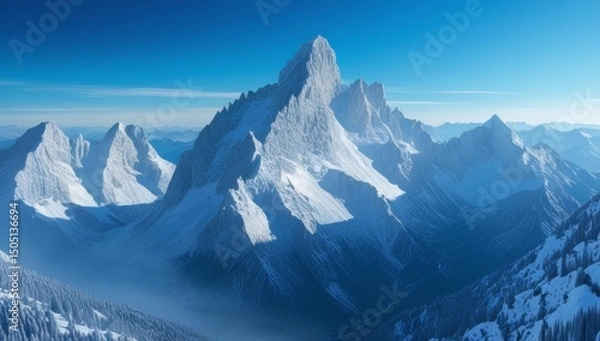 Fototapeta Snow-Capped Mountains Under a Clear Blue Sky Creating a Majestic Winter Landscape