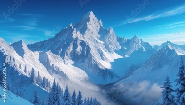 Fototapeta Majestic snowy mountain range under a clear blue sky in a serene winter landscape