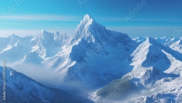 Fototapeta Snow-Capped Mountain Range Under a Clear Blue Sky in Winter Season