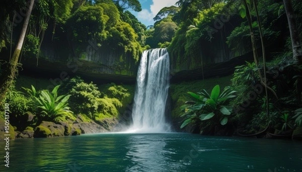 Fototapeta Majestic Waterfall Splashing into Tranquil Pool Amidst Lush Green Tropical Forest