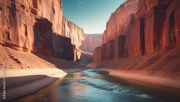 Fototapeta Majestic canyon with calm water reflecting towering rock formations scenery