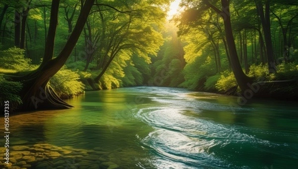 Fototapeta Enchanting river flows through a lush green forest under sunlight rays