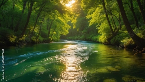 Fototapeta Enchanting River Flowing Through Lush Green Forest with Sunlit Canopy