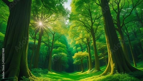 Fototapeta Lush green forest canopy with sunlight filtering through the trees illuminating the path