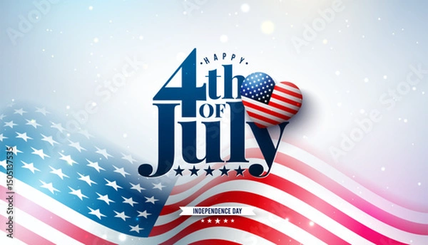 Fototapeta 4th of July Independence Day of the USA Vector Illustration with American Flag Pattern Heart and Typography Letter on Light Background. Fourth of July National Celebration Design for Banner, Greeting