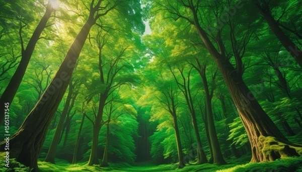 Fototapeta Lush green forest canopy with sunlight piercing through the branches creating an ethereal atmosphere