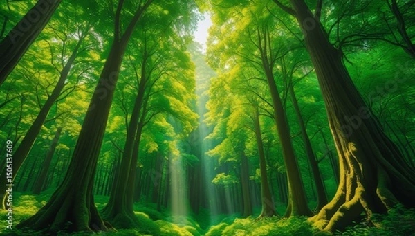 Fototapeta Enchanting forest with vibrant green foliage and sunlight piercing through trees