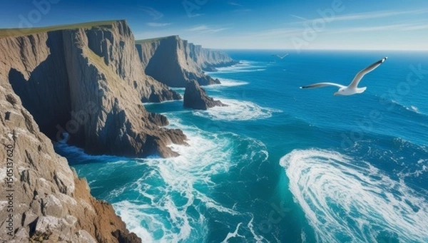 Fototapeta Breathtaking coastal cliffs and ocean waves with seagulls gliding above the water