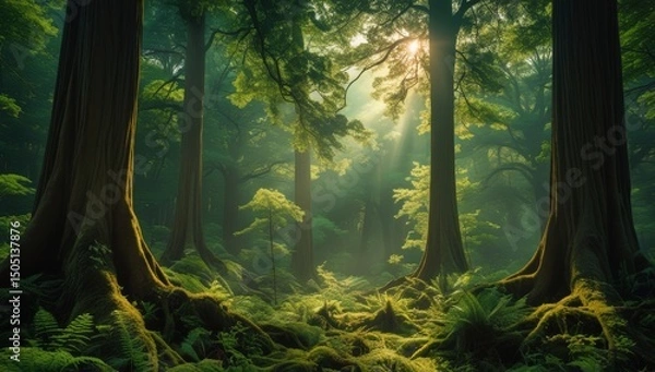 Fototapeta Sunlit serenity a captivating scene of majestic trees in the enchanting forest