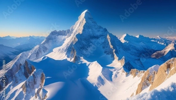 Fototapeta Majestic Snow-Capped Mountain Range Under a Clear Blue Sky in Winter Scenery