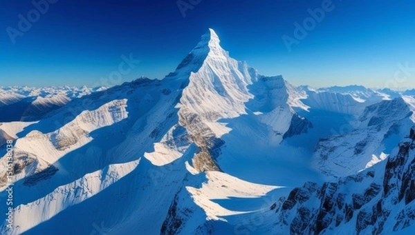Fototapeta Majestic Snow-Capped Mountain Peak Against a Clear Blue Sky on a Sunny Day