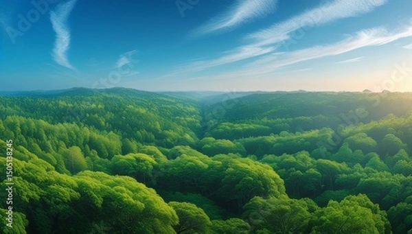 Fototapeta Aerial view of lush green forest under blue sky with wispy white clouds