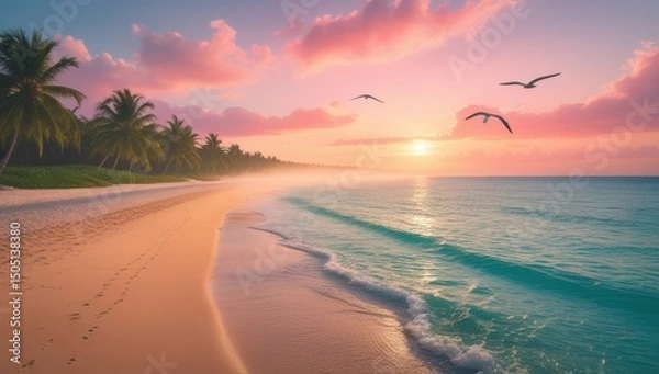 Fototapeta Tropical beach at sunset with palm trees pink clouds and birds flying over the ocean