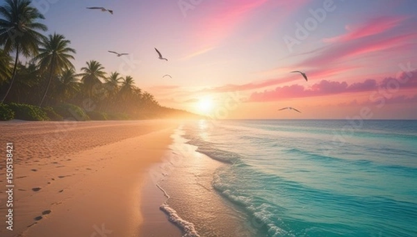 Fototapeta Tropical paradise beach sunset with palm trees and birds in silhouette