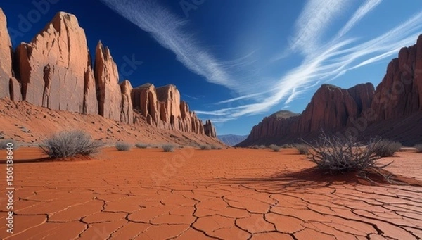 Fototapeta Majestic Desert Landscape with Towering Cliffs and Dramatic Sky Presentation