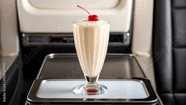 Fototapeta Foodie travel private jet foodie enjoys creamy milkshake with cherry top while traveling private jet with comfort and style