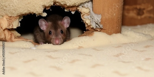 Obraz A Brown Rat Peeking from a Hole in Damaged Furniture Upholstery