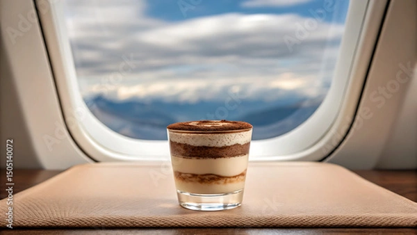 Fototapeta Foodie travel private jet foodie enjoys private jet travel moment with delicious layered dessert served on leather tray