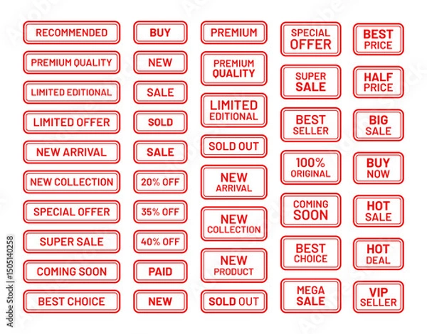 Obraz Marketing retail badge collection. Sale stamp imprint. Red sold out emblem in frame. Set rectangle best price stickers. New arrival label in border. Text box with buy tags. Vector illustration