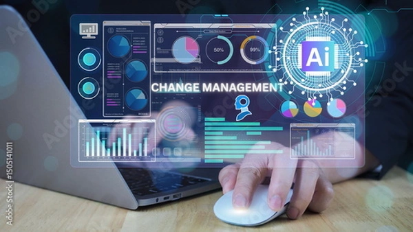 Fototapeta AI Artificial Intelligence technology for data analysis, research, planning, and work generate. Man uses a laptop and AI assistant dashboard. Technology smart robot AI agents.