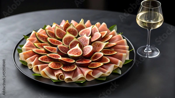 Fototapeta Foodie travel private jet foodie enjoys travel with private jet lifestyle featuring fresh fig and ham platter paired with