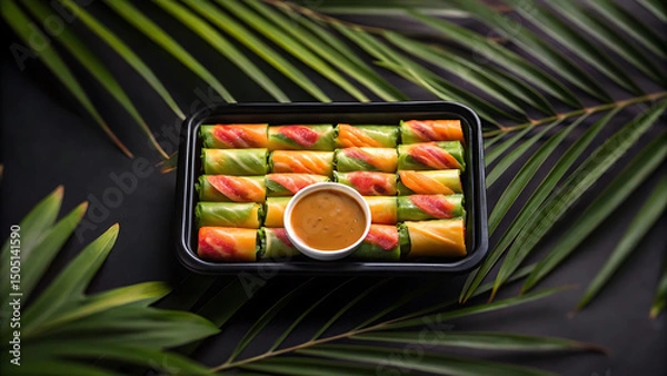 Fototapeta Foodie travel private jet Fresh colorful spring roll platter with peanut sauce is perfect for foodie travel and private jet