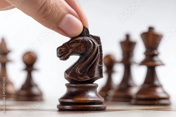 Fototapeta Hand moving a chess piece, focus on the hand and board, close-up view of the knight piece being set by a human finger on a black wood-colored board. White figures in the background. 