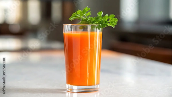 Fototapeta Foodie travel private jet Fresh carrot juice with parsley garnish on marble table perfect for foodie travel in private jet