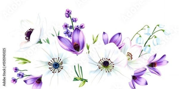 Obraz Delicate Spring Flowers Bouquet Illustration White and Purple Anemones Crocus and Lily of the Valley