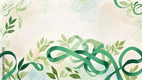 Obraz Elegant Green Ribbons and Leaves Watercolor Design Spring Nature Background