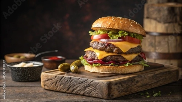 Fototapeta A gourmet hamburger presented as a still life composition, placed on a rustic wooden board or ceramic plate.
