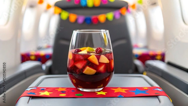 Fototapeta Foodie travel private jet foodie enjoys private jet travel experience with colorful festive drink served in glass on tray table