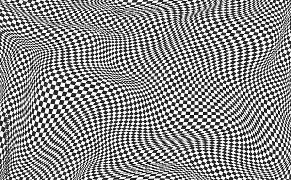 Obraz Distorted chessboard background. Abstract black and white checkered surface background with distortion effect. Album orientation. Abstract banner with distortion. Vector illustration.