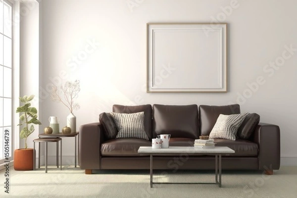 Fototapeta Stylish living room with leather furniture, an empty wall for artwork, and minimalist decor elements.