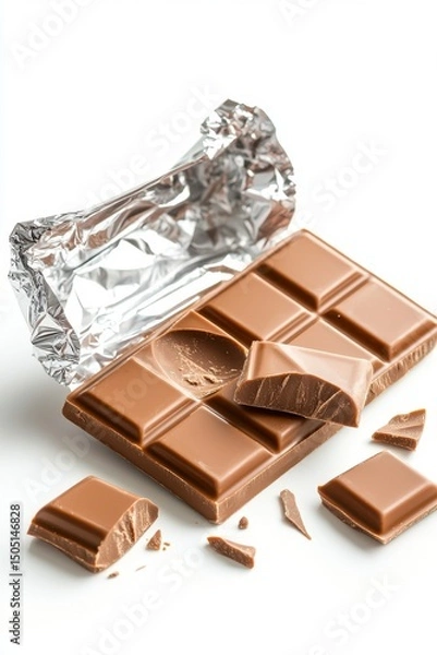 Fototapeta Delicious Milk Chocolate Bar Unwrapped Showing Piece Broken Off Against White Background Studio Shot