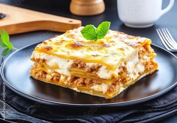 Fototapeta Delicious Lasagna Layered Slice With Basil Garnish On A Dark Plate Ready To Serve And Eat Meal