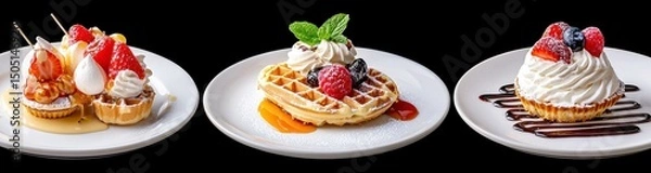 Fototapeta Delightful Dessert Waffles with Fresh Fruit Toppings and Whipped Cream on White Plates Displayed Nicely