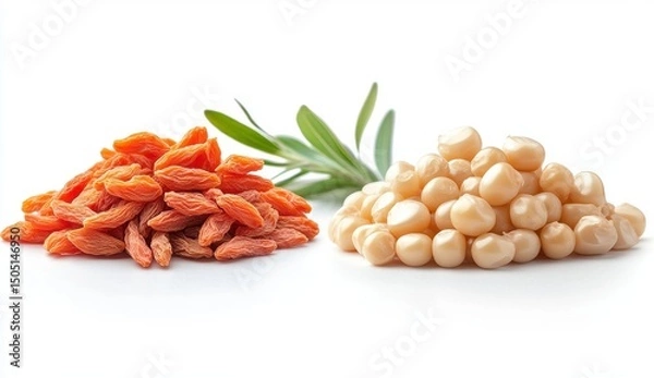 Fototapeta Dried Goji Berries and Macadamia Nuts Duo with Green Leaves on a White Background Composition