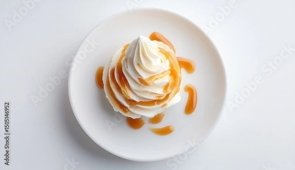 Fototapeta Dessert Delight Swirl of Cream Topped with Caramel Sauce on a White Plate Artistic Presentation