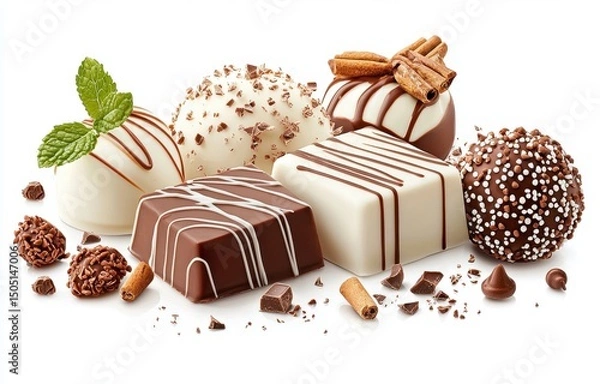 Fototapeta Elegant Chocolate Assortment Featuring Truffles and Coated Confections with Mint Leaf Presentation
