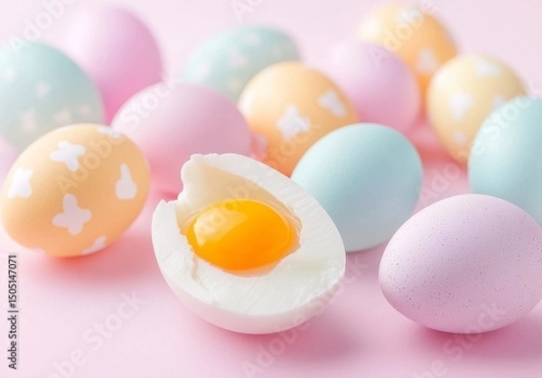 Fototapeta Elegant Pastel Easter Eggs and One Half displaying Yolk in a Soft Pink Palette Scene Still Life